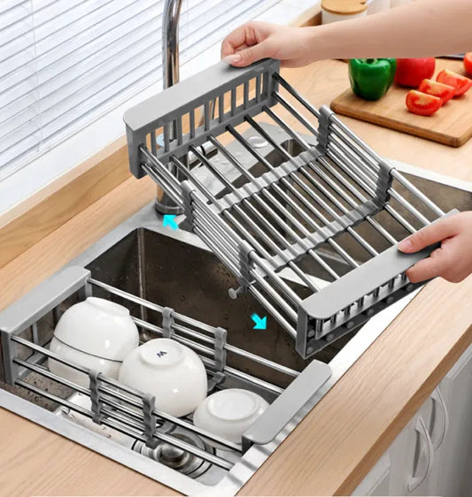 f8 Rack de escorrer de água extensível, rack de armazenamento da cozinha, aço inoxidável